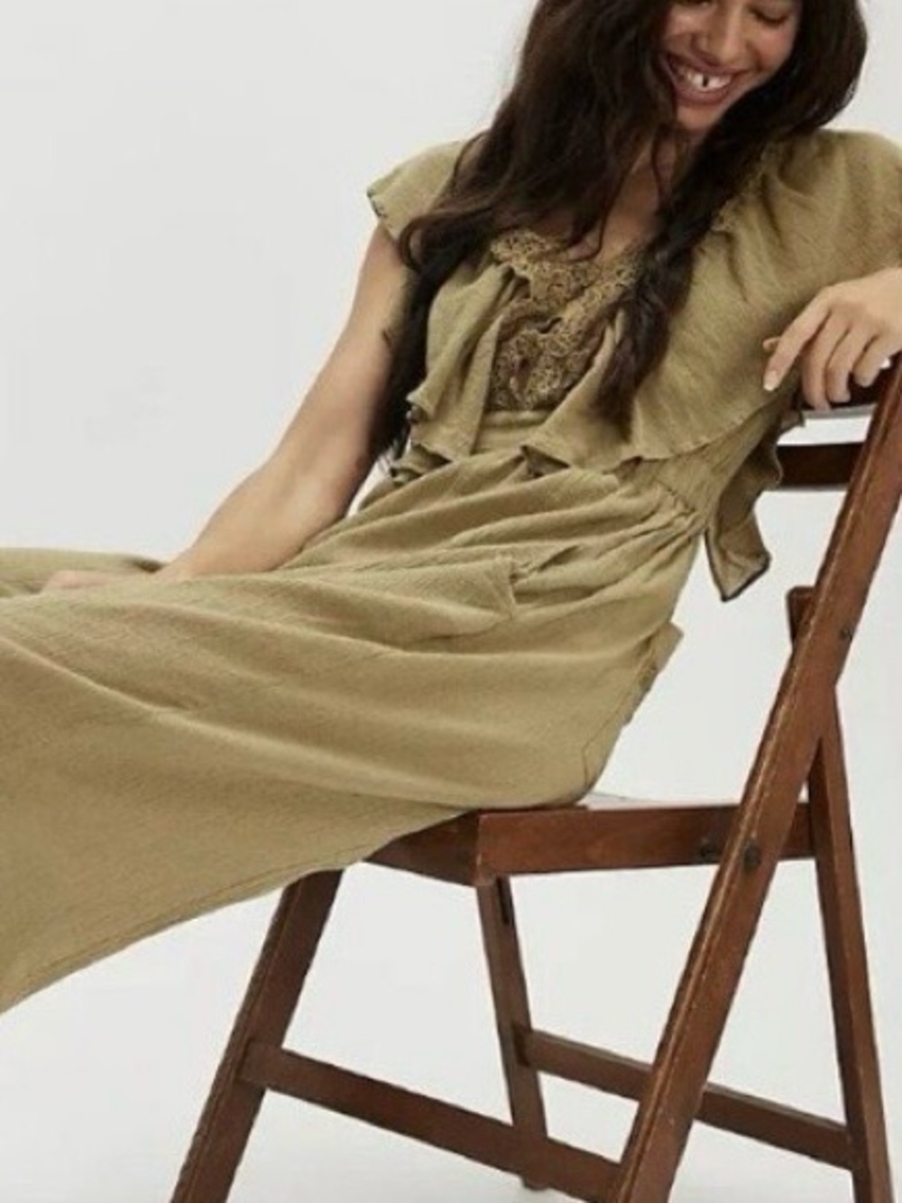 Free People Olive Maxi Dress with Lace Ruffle